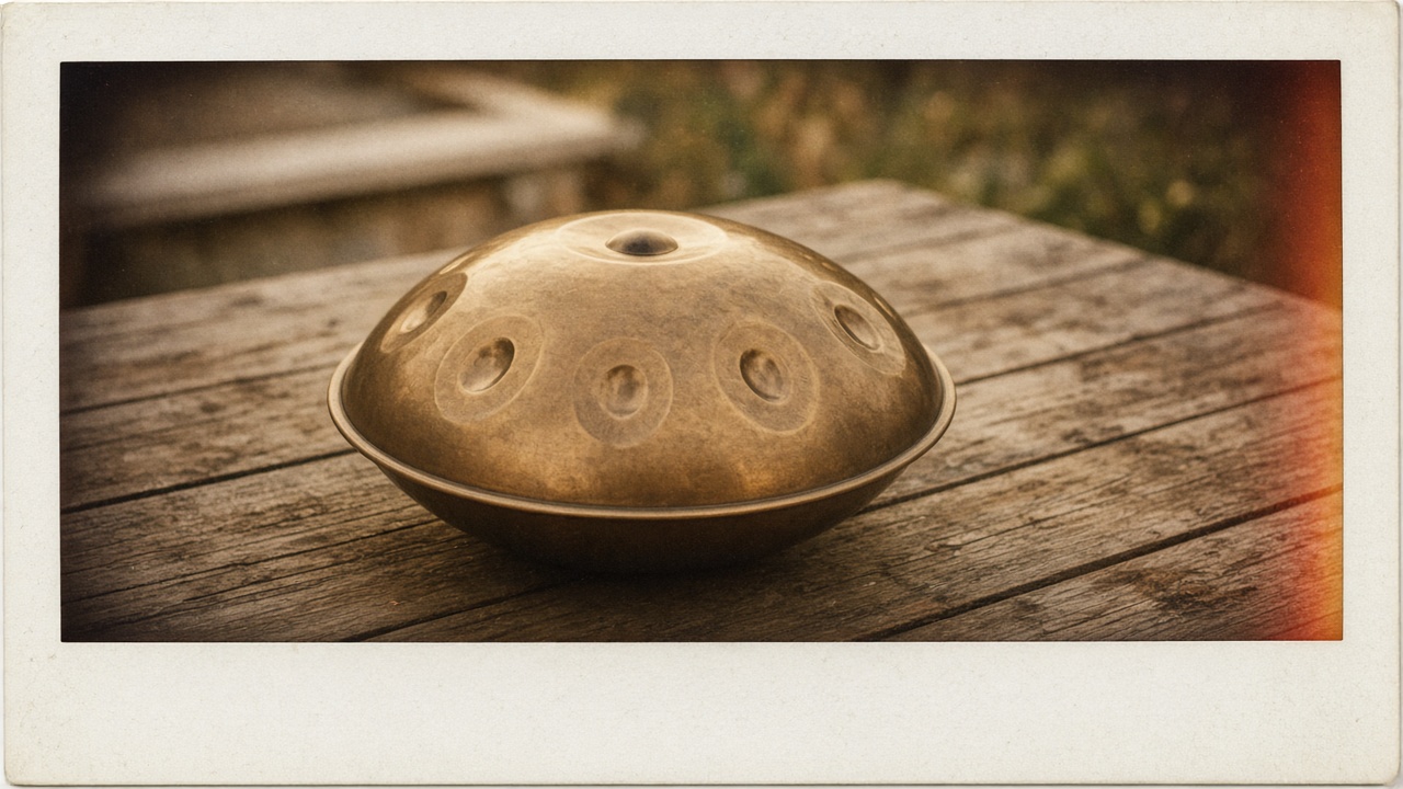 A handpan outdoors in warm light, framed like a polaroid